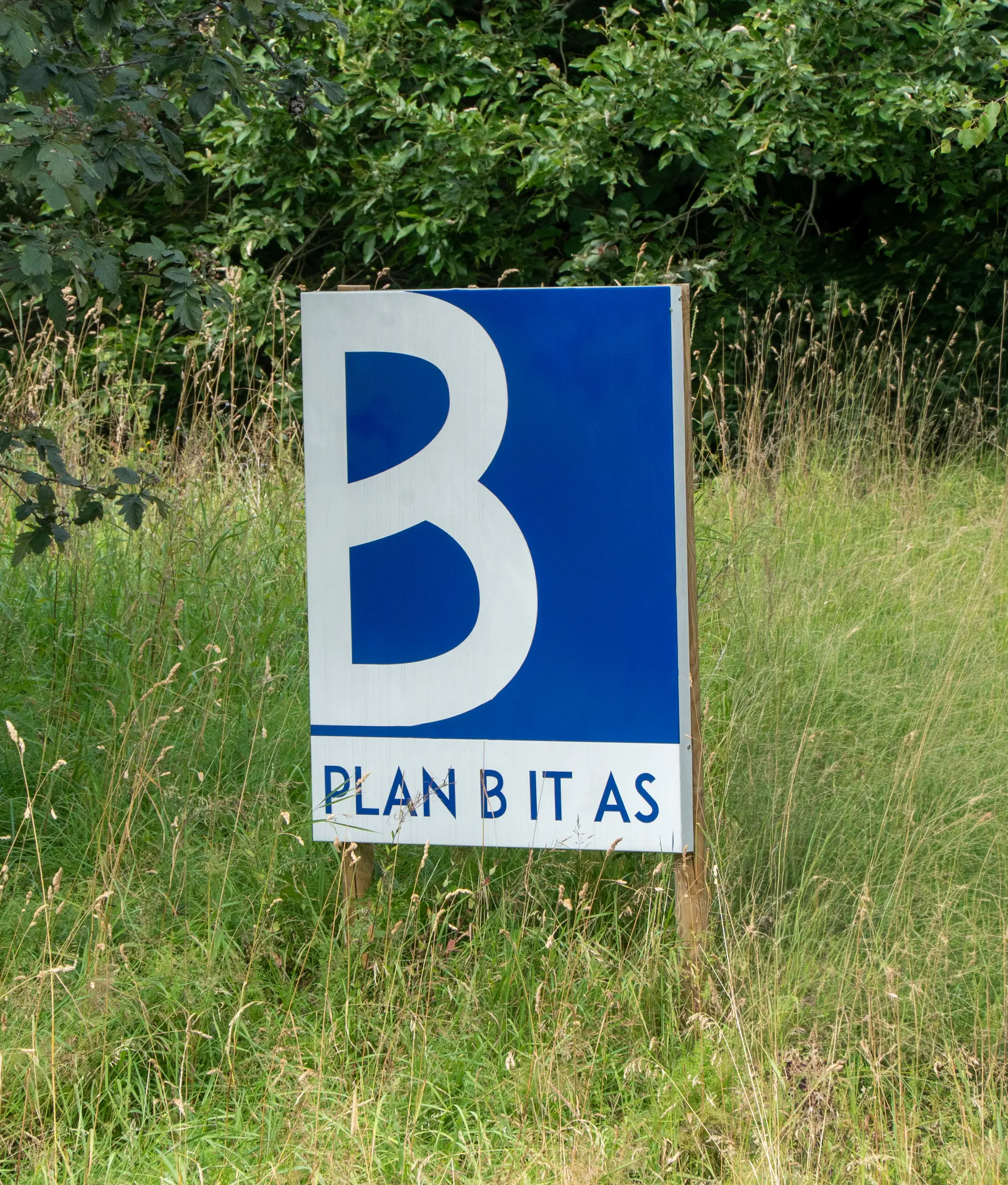 Skilt med Plan B IT AS-logoen omgitt av høyt gress og trær